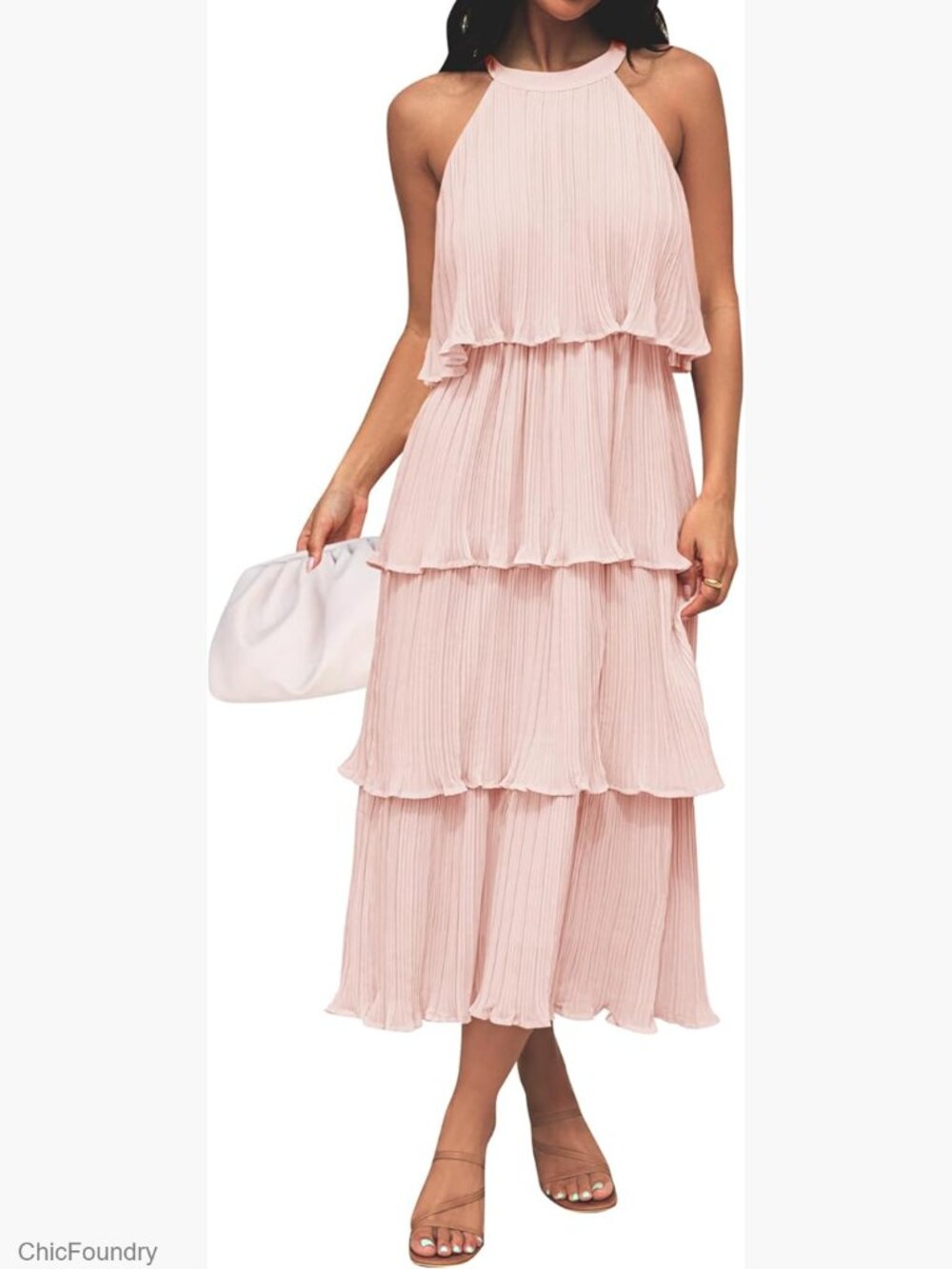 Sleeveless Halter Neck Ruffle Tiered Chiffon Midi Dress